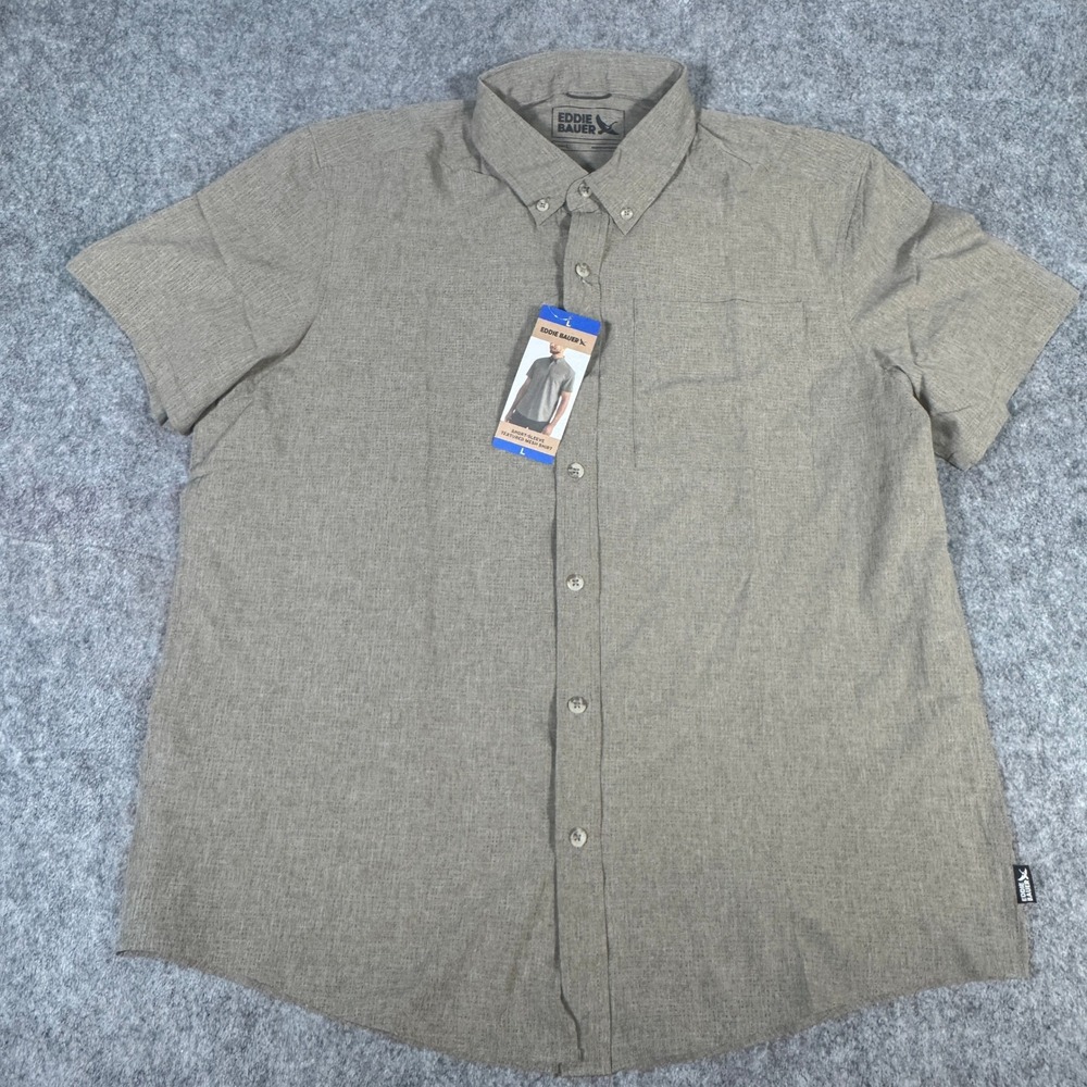 Eddie Bauer Mens Large Tan Textured Mesh Short Sleeve Button Down Shirt NEW